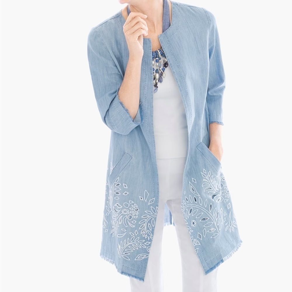 CHICO'S WOMENS CHAMBRAY BLUE RAW HEM EYELET OPEN FRONT KIMONO Size 1 (M)